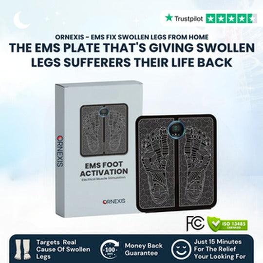 The Ornexis EMS Foot Plate, a white circular foot device with a calf-pump activation panel.