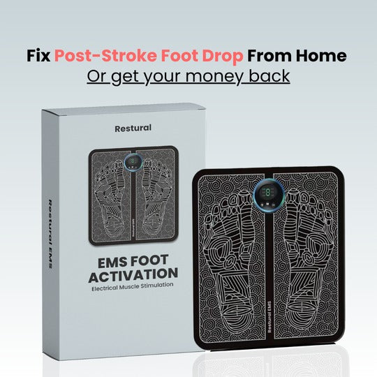 The Restural EMS Stimulator with electrode pads for at-home foot drop training.